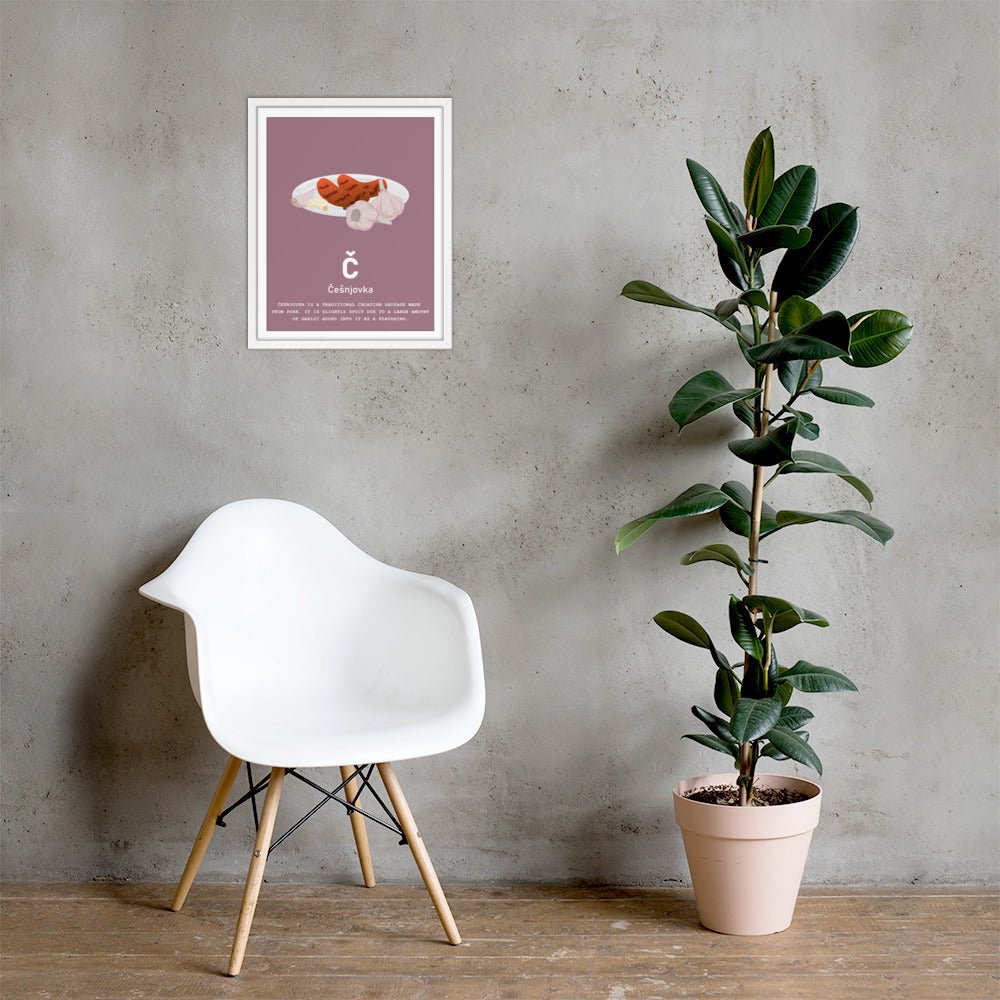 Češnjovka Croatian alphabet print in a white frame, 16x20 in, on a wall