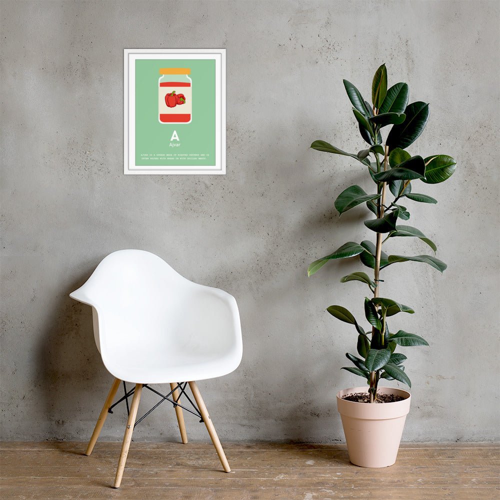 Ajvar Croatian alphabet print in a white frame, 16x20 in, on a wall