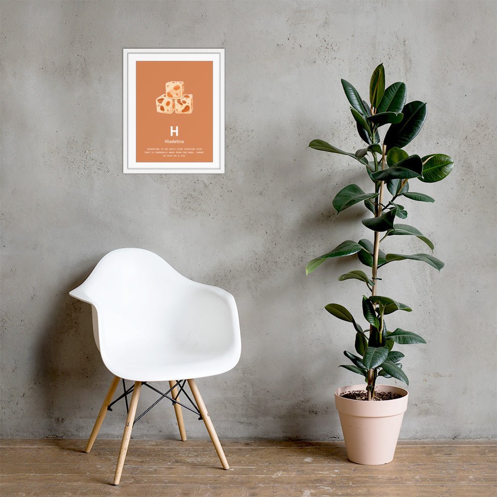 Hladetina Croatian alphabet print in a white frame, 16x20 in, on a wall