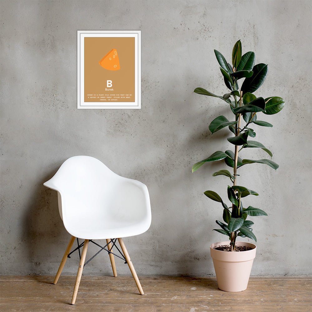 Burek Croatian alphabet print in a white frame, 16x20 in, on a wall