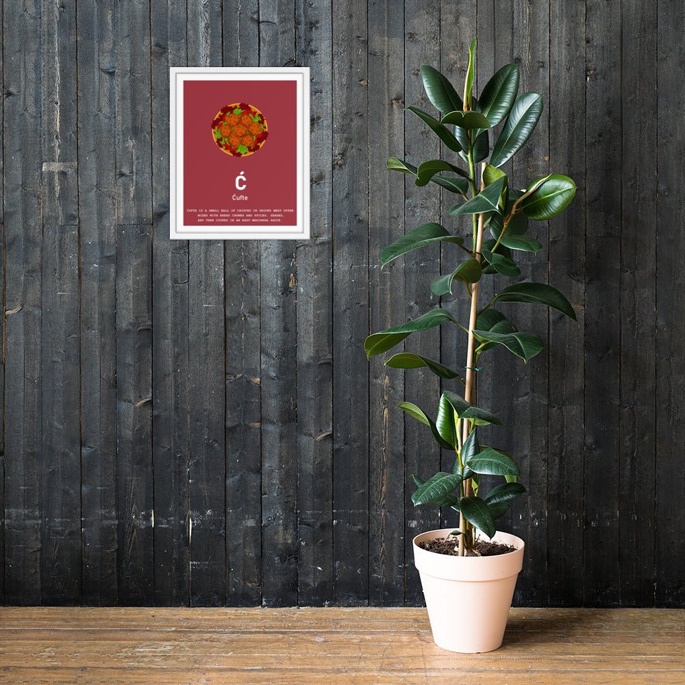 Ćufte Croatian alphabet print in a white frame, 16x20 in, on a wall