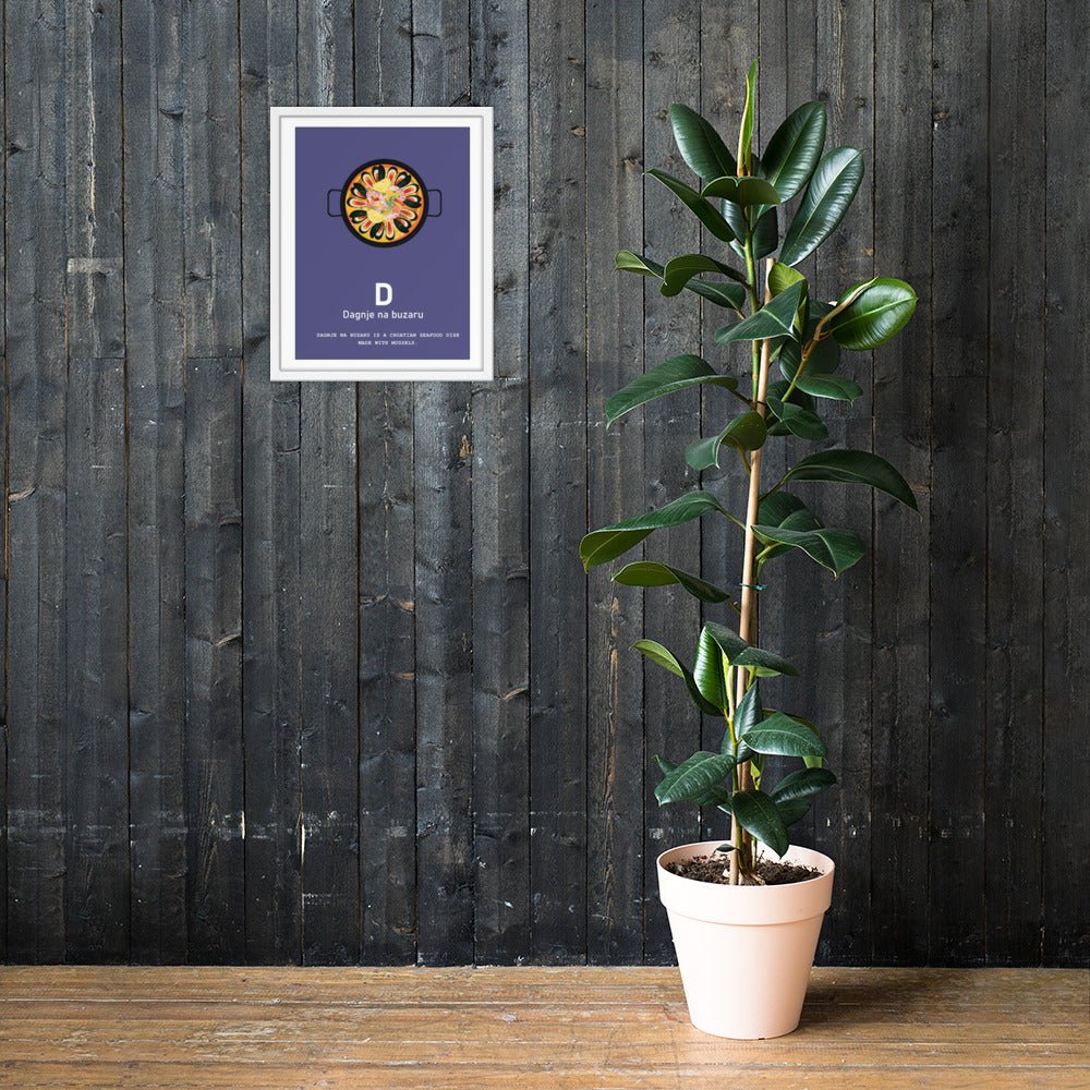 Dagnje na buzaru Croatian alphabet print in a white frame, 16x20 in, on a wall