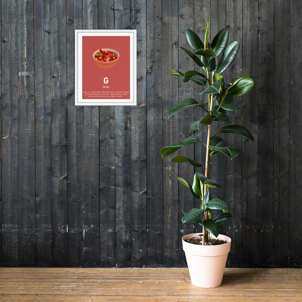 Grah Croatian alphabet print in a white frame, 16x20 in, on a wall
