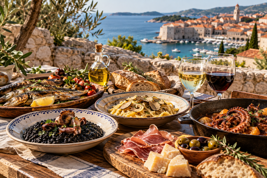 Traditional Croatian dishes with seafood, pasta, cured meats, cheese, olive oil and wine overlooking the Adriatic coast