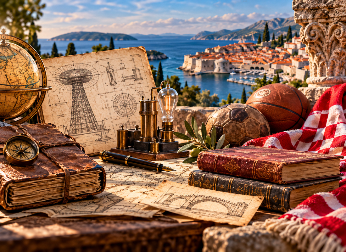 Croatian heritage scene representing famous Croatian inventors, scientists, writers and athletes overlooking the Adriatic coast