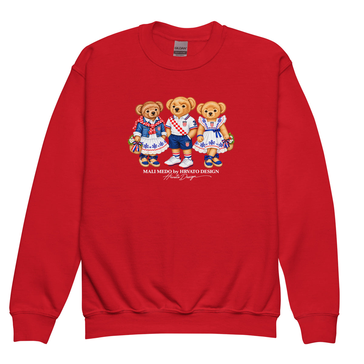 MALI MEDO Croatian Girls Bear Youth Sweatshirt, front print artwork by HRVATO