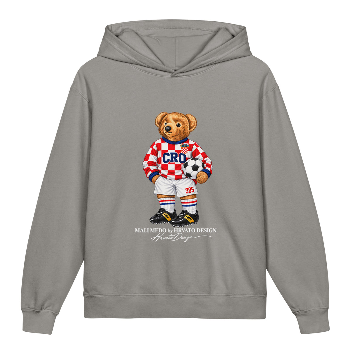 MALI MEDO Croatian Soccer Bear Boys' Hoodie, front print artwork by HRVATO