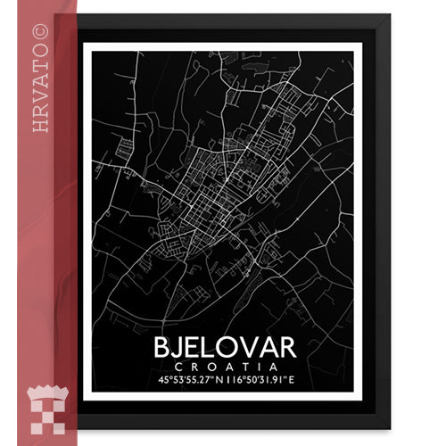 Bjelovar - Black City Map Framed Wall Art