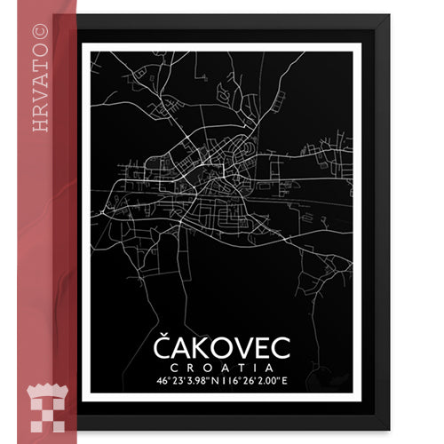 Čakovec - Black City Map Framed Wall Art