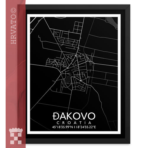 Đakovo - Black City Map Framed Wall Art