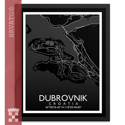 Dubrovnik - Black City Map Framed Wall Art