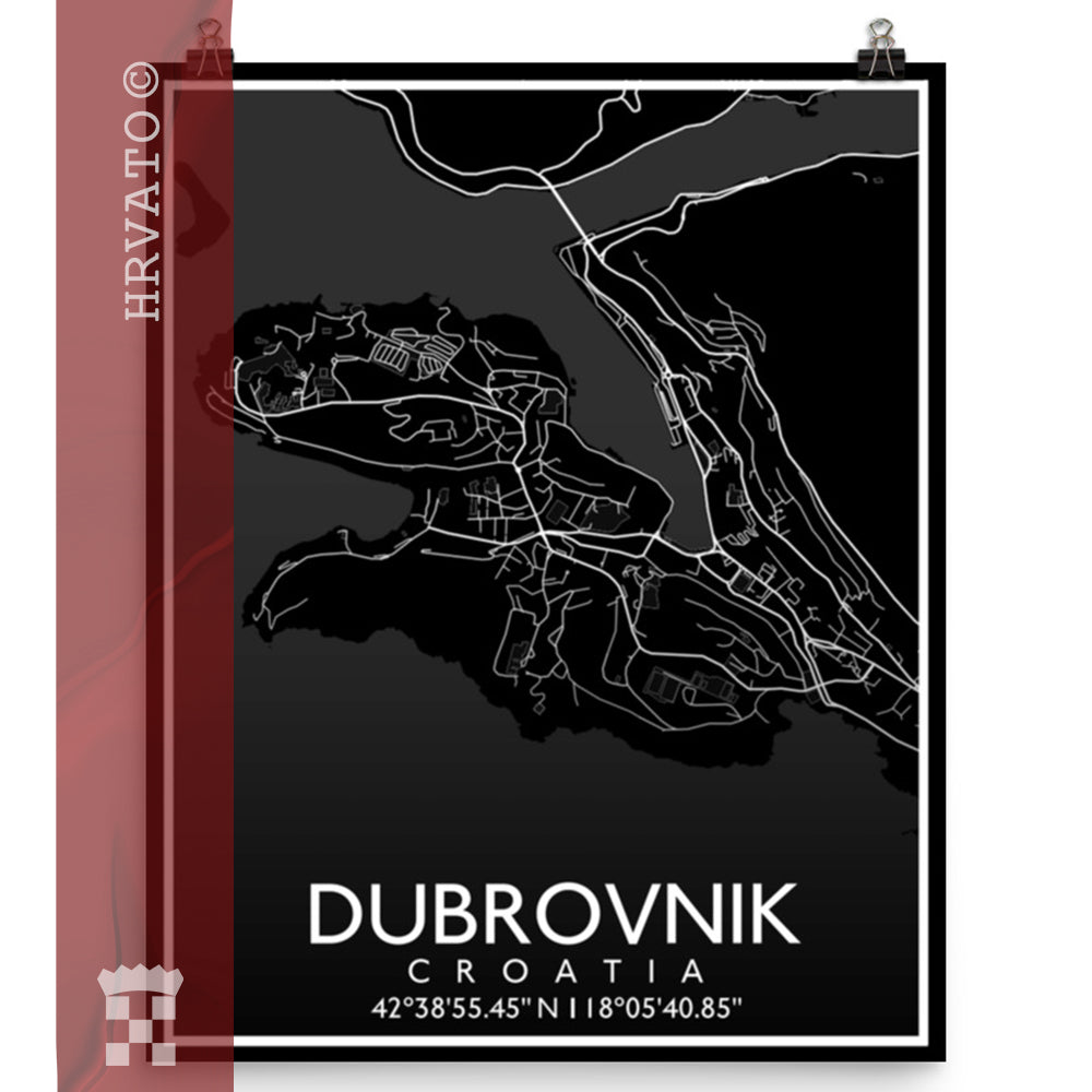 Dubrovnik - Black City Map Matte Poster