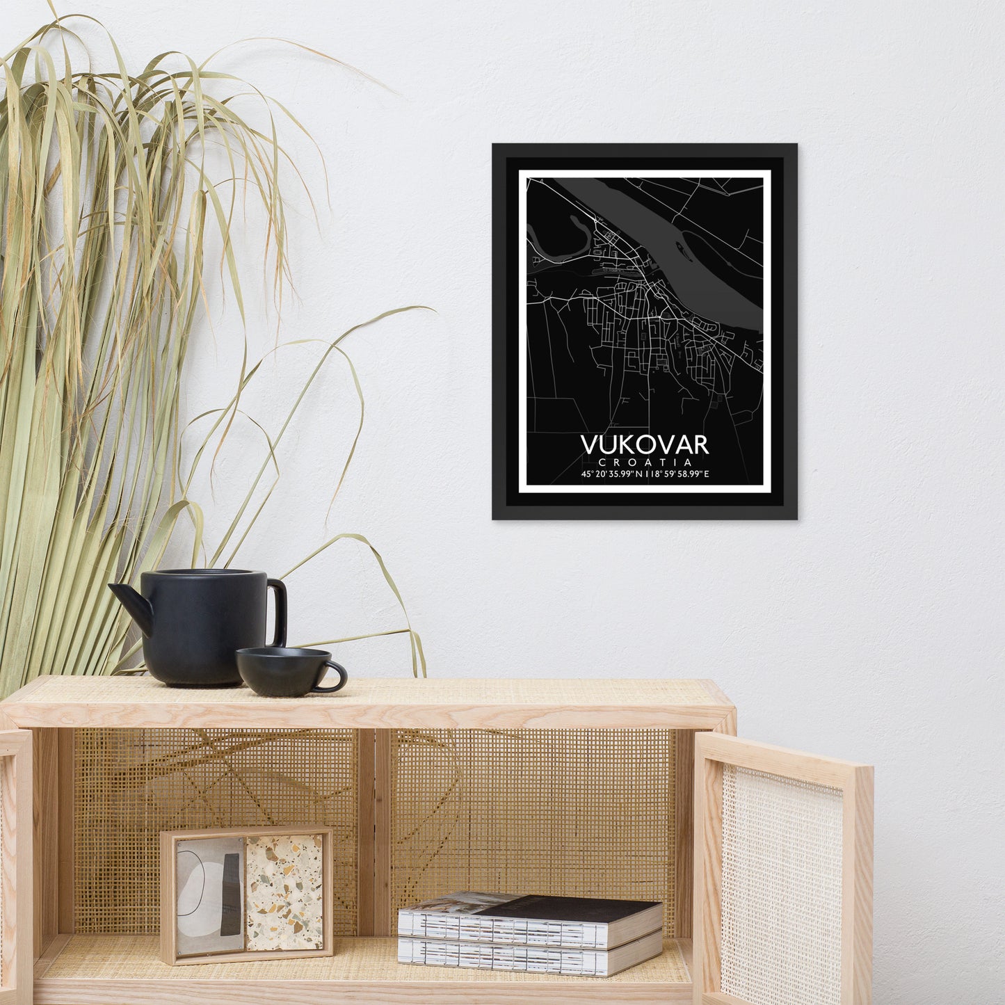 Vukovar - Black City Map Framed Wall Art