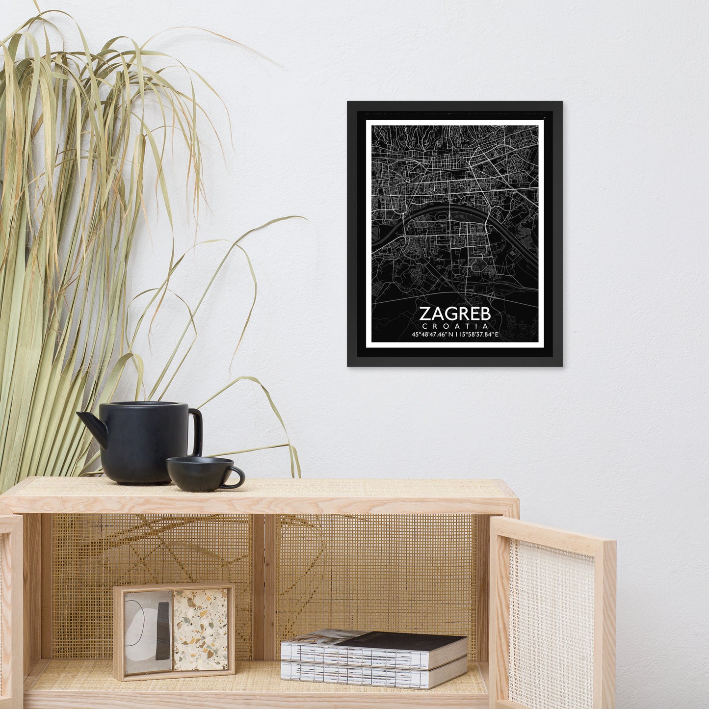 Zagreb - Black City Map Framed Wall Art