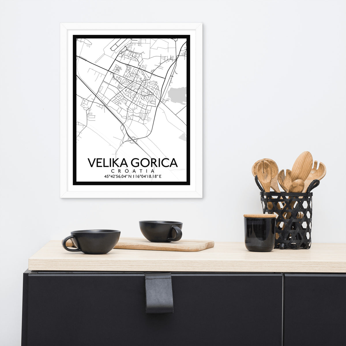 White Velika Gorica, Croatia city map in a white frame, 16x20 in