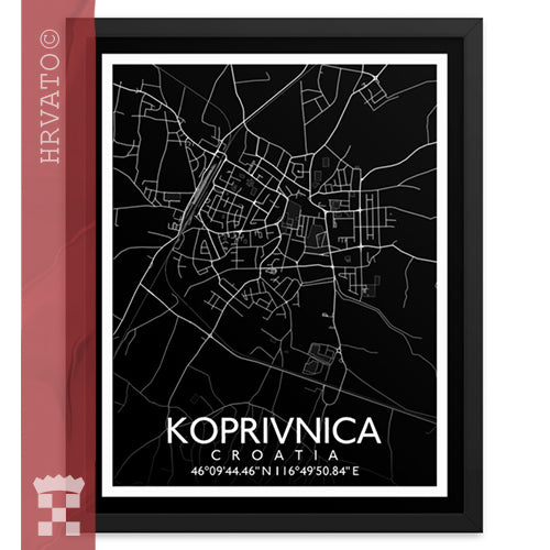 Koprivnica - Black City Map Framed Wall Art