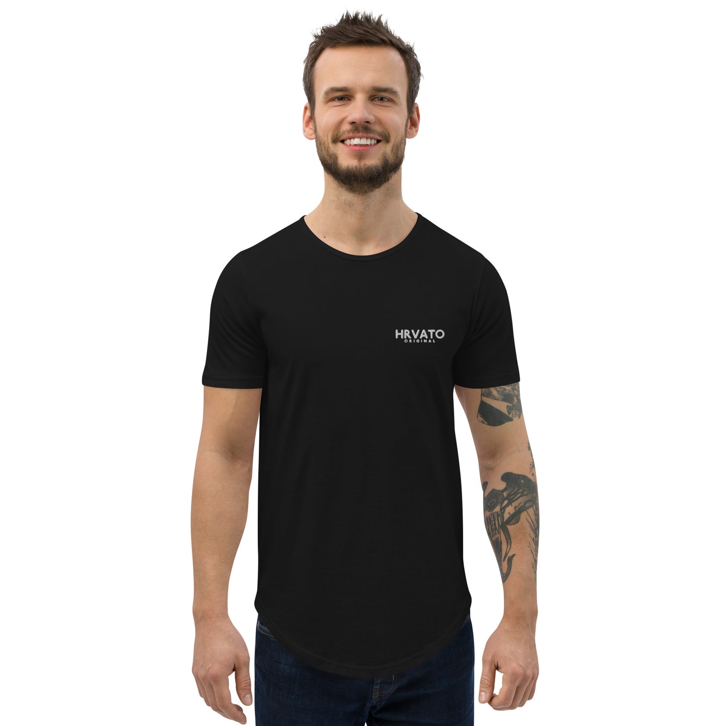 HRVATO Original Logo Men's Curved Hem T-Shirt - White | Embroidered Logo