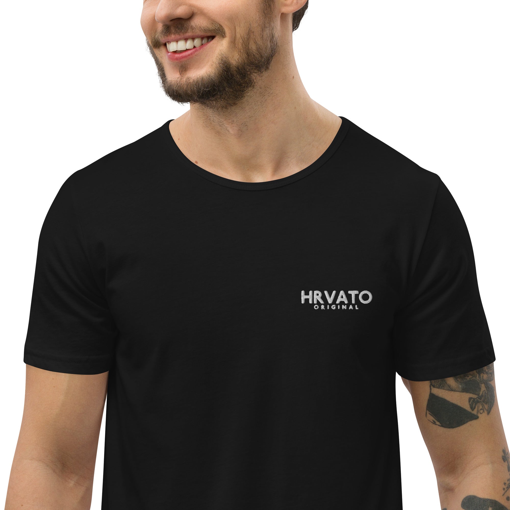 HRVATO Original Logo Men's Curved Hem T-Shirt - White | Embroidered Logo