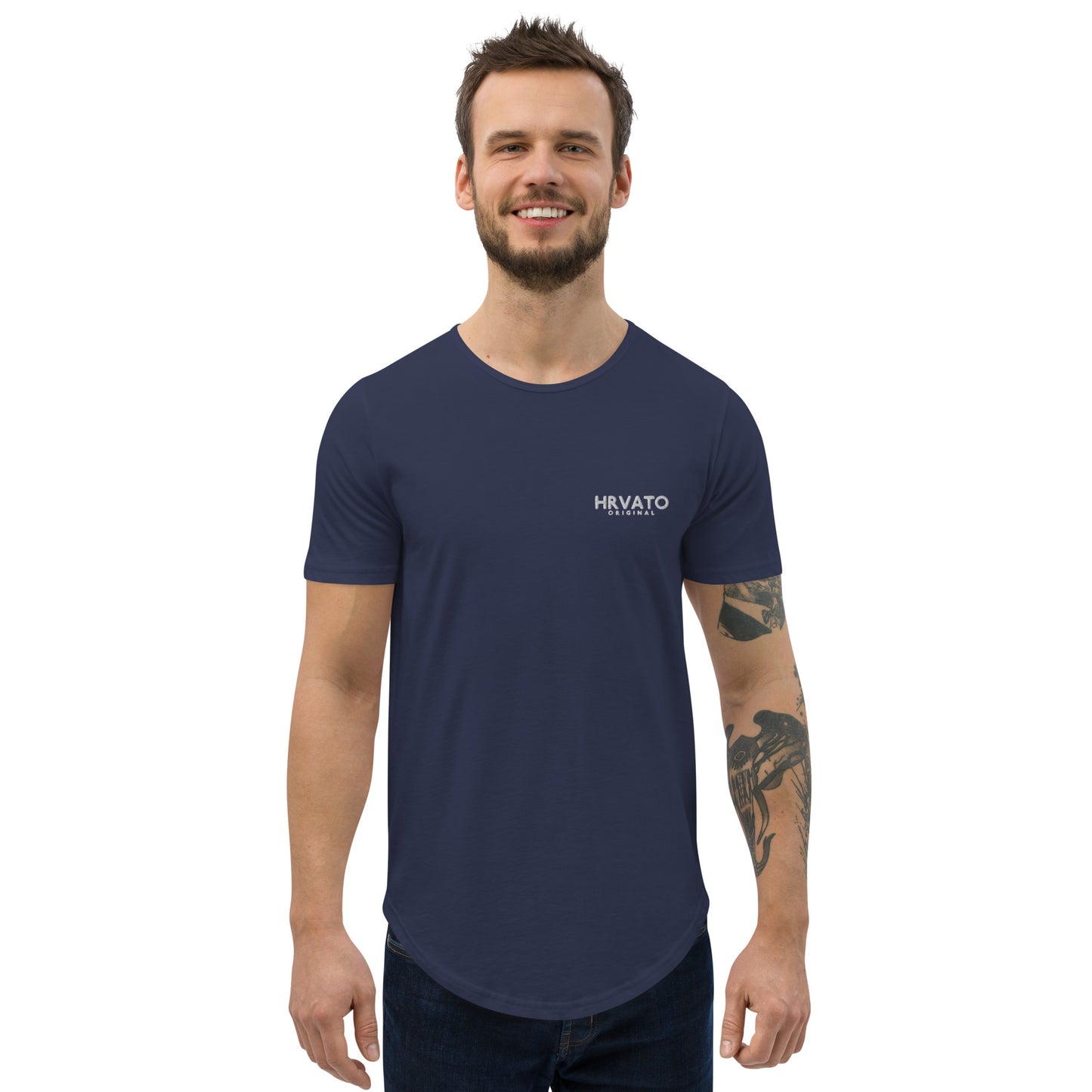 HRVATO Original Logo Men's Curved Hem T-Shirt - White | Embroidered Logo