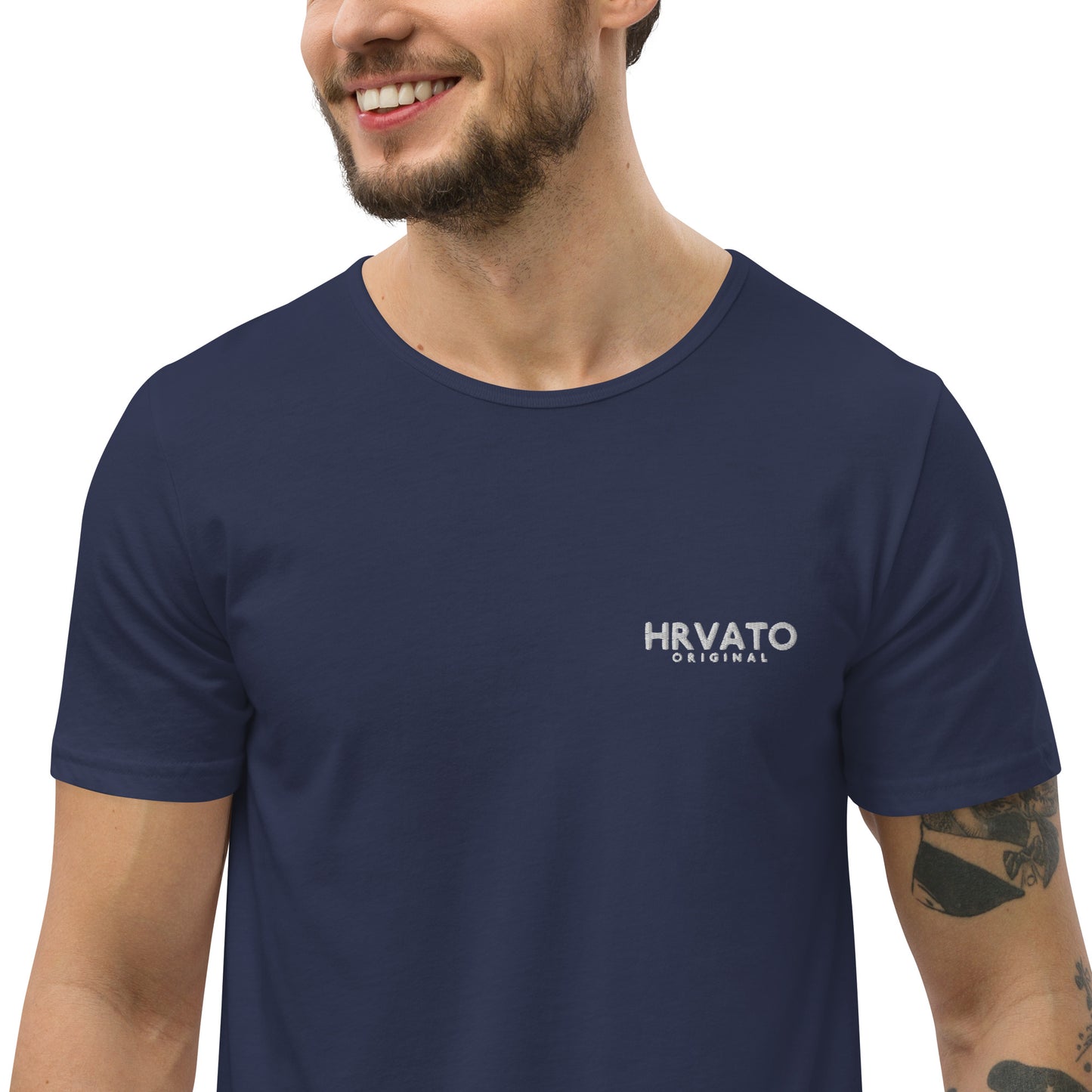 HRVATO Original Logo Men's Curved Hem T-Shirt - White | Embroidered Logo