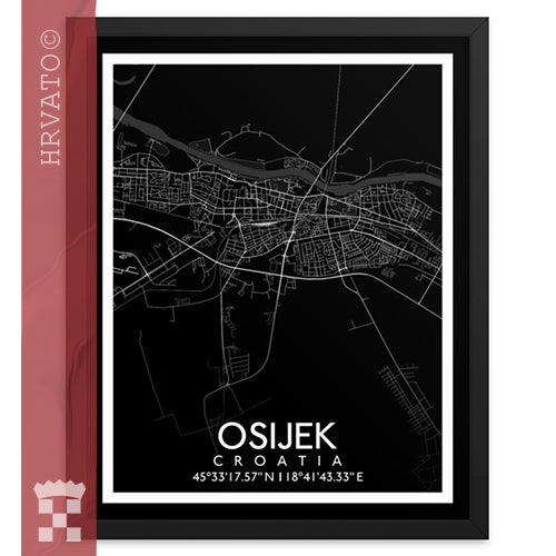 Osijek - Black City Map Framed Wall Art