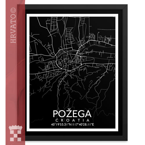 Požega - Black City Map Framed Wall Art