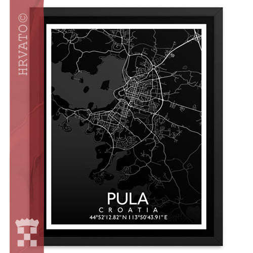 Pula - Black City Map Framed Wall Art