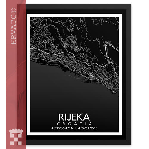 Rijeka - Black City Map Framed Wall Art