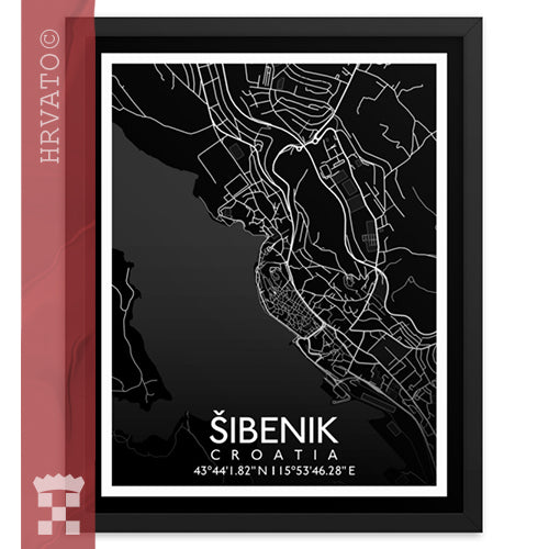 Šibenik - Black City Map Framed Wall Art