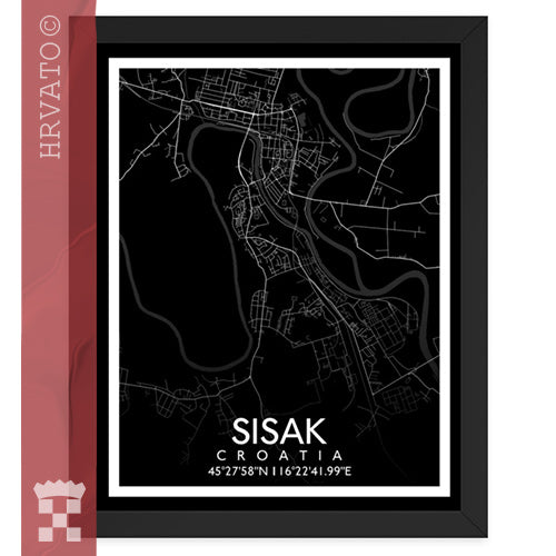 Sisak - Black City Map Framed Wall Art