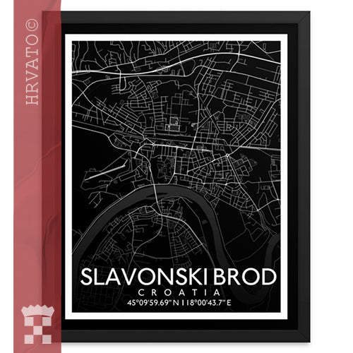 Slavonski Brod - Black City Map Framed Wall Art