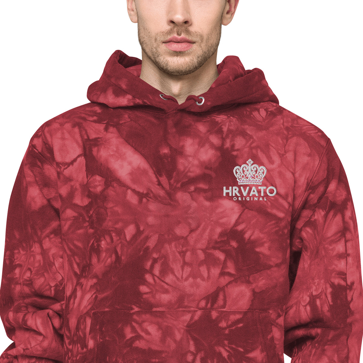 Men Champion tie-dye hoodie HRVATO WHITE Embroidery - Croatian Hoodie by HRVATO