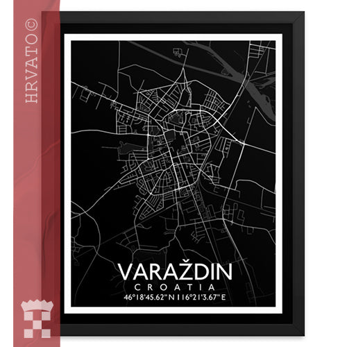 Varaždin - Black City Map Framed Wall Art