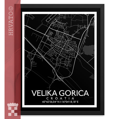 Velika Gorica - Black City Map Framed Wall Art