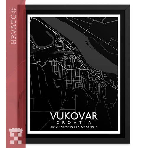 Vukovar - Black City Map Framed Wall Art