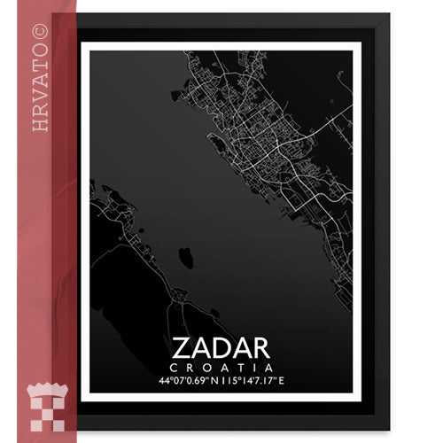 Zadar - Black City Map Framed Wall Art