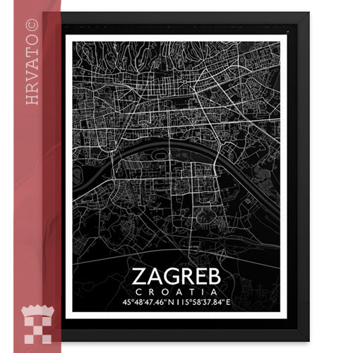 Zagreb - Black City Map Framed Wall Art